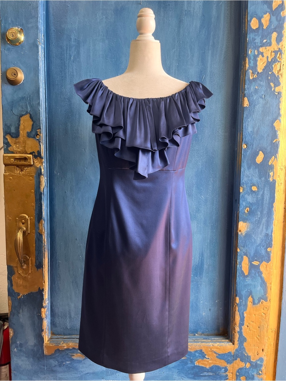 Marc Bouwer Navy Ruffle Off-Shoulder Midi Dress
